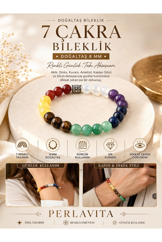 7 Çakra Doğal Taş Bileklik 8 mm – Akik, Oniks, Kuvars, Ametist, Kaplan Gözü ve Sitrin